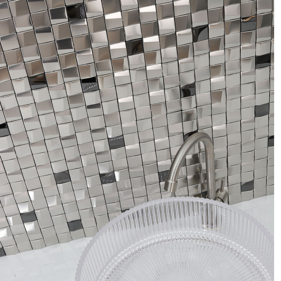 Silver square metal mosaic vanity wall with modern reflective finish