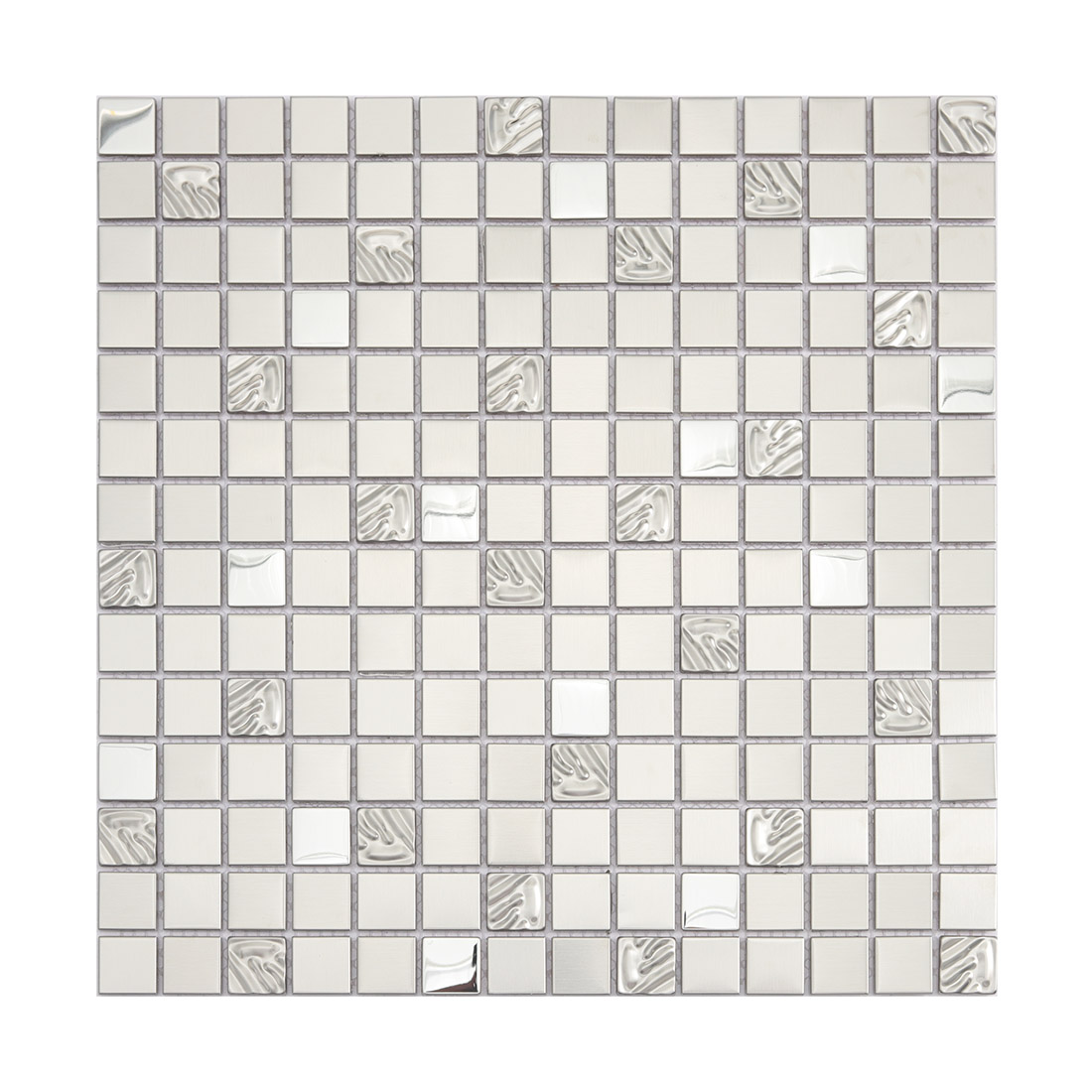 Full sheet of silver square stainless steel mosaic tiles with brushed and glossy accents
