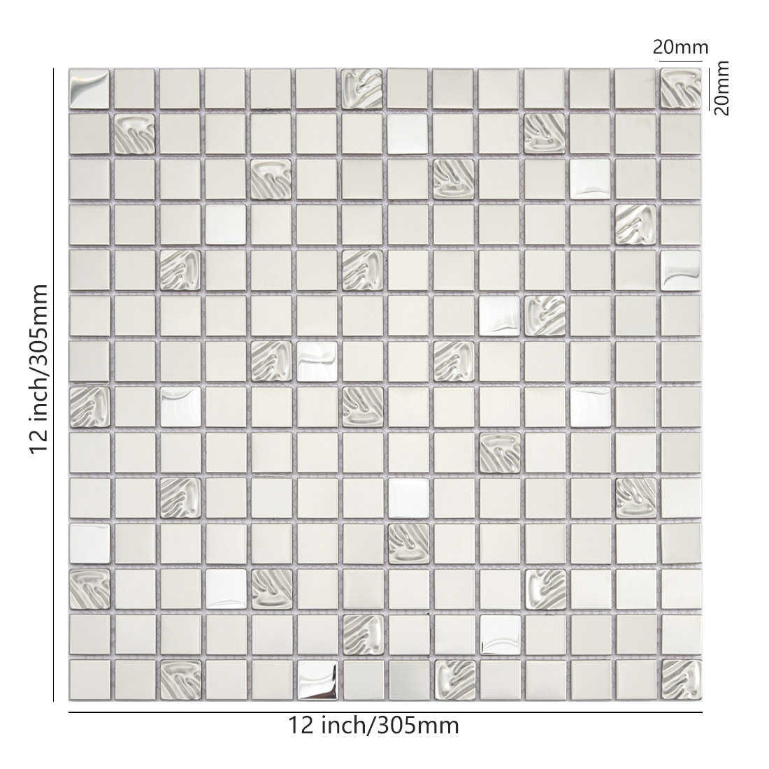 Silver square stainless steel mosaic tile sheet with 20mm chips and 12 inch size