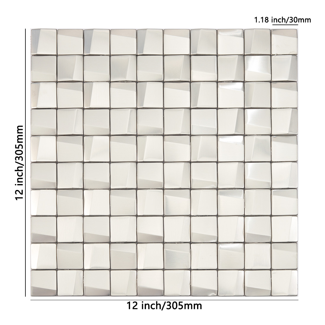 Silver square stainless steel mosaic tile sheet with size details