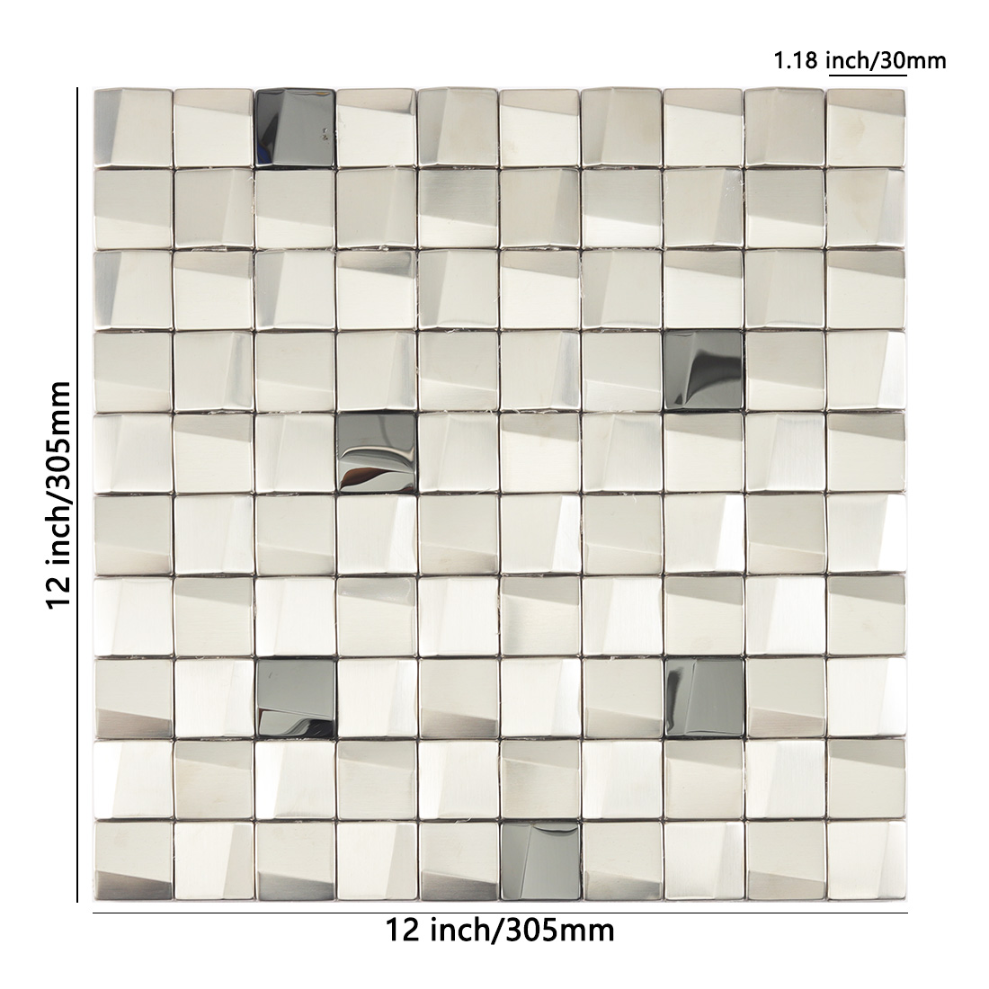 Silver square stainless steel mosaic tile sheet with size details