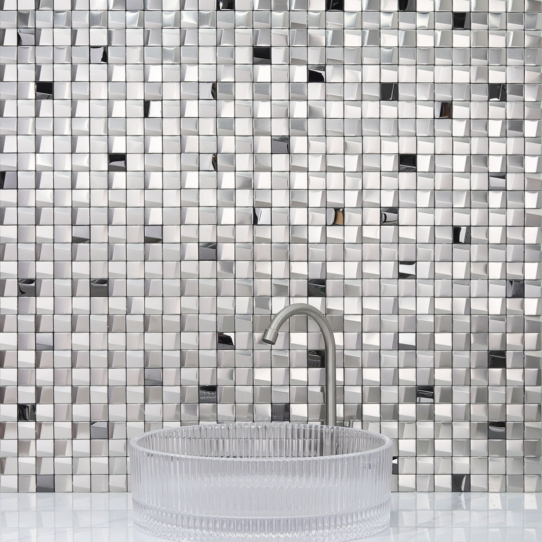 Silver square stainless steel vanity wall mosaic with black accents
