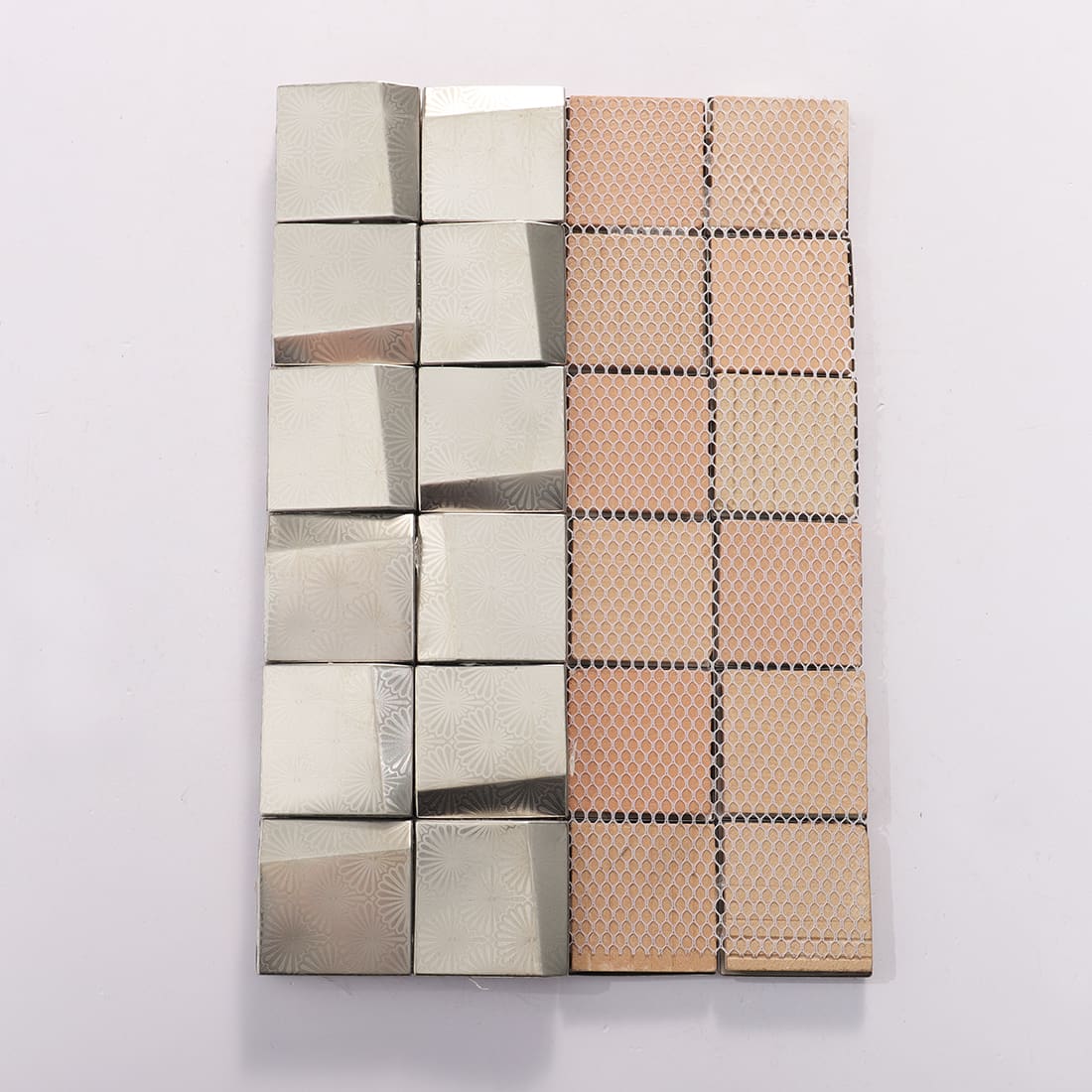 Back mesh of silver stainless steel 3D square mosaic tile sheet