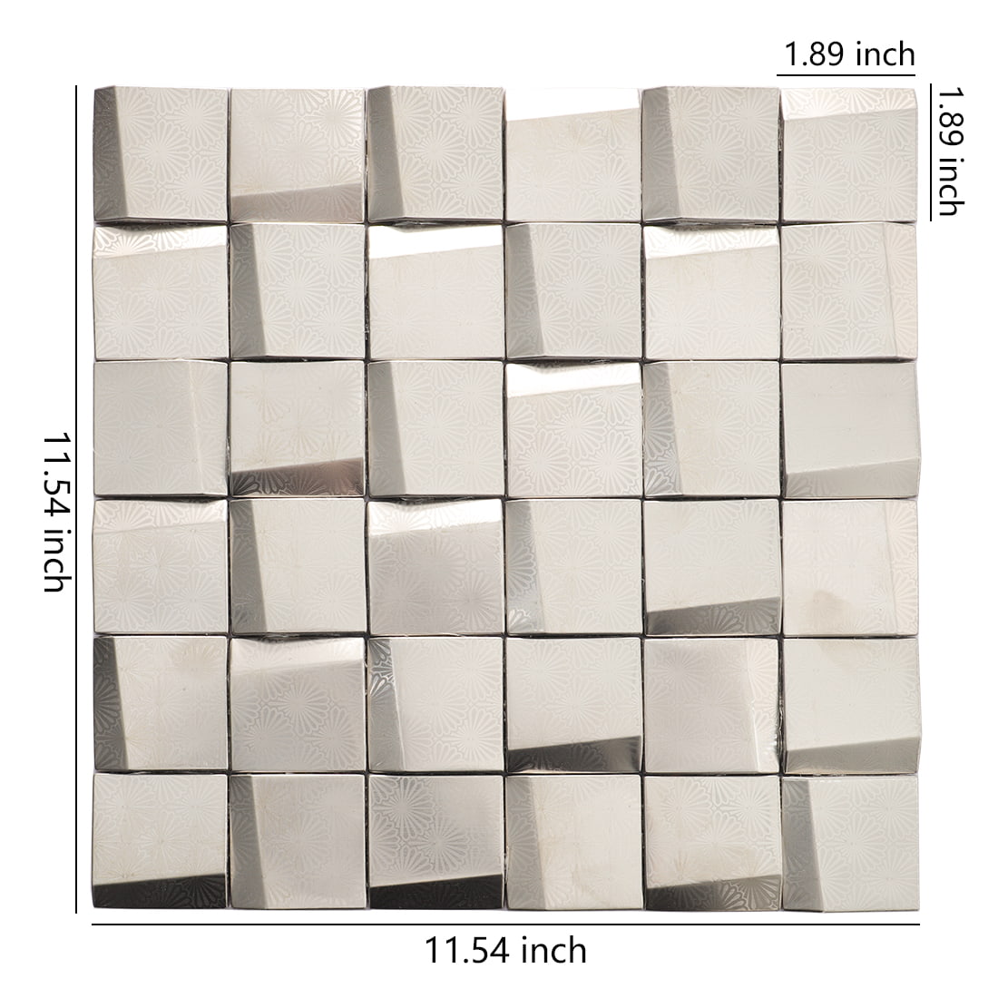 Silver stainless steel 3D square mosaic tile sheet with size details