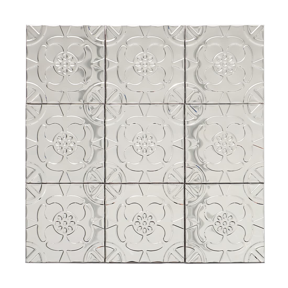 Full sheet of silver stainless steel floral embossed square mosaic tiles