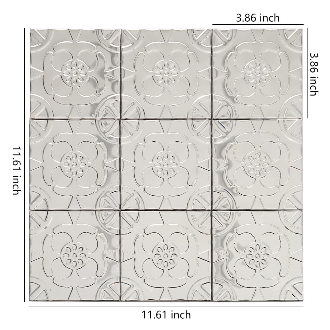 Silver stainless steel floral embossed square tile sheet with size details