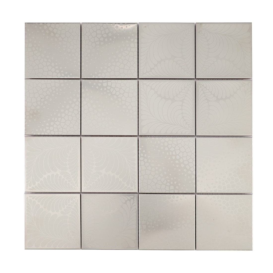 Full sheet of silver stainless steel square mosaic with mixed engraved patterns