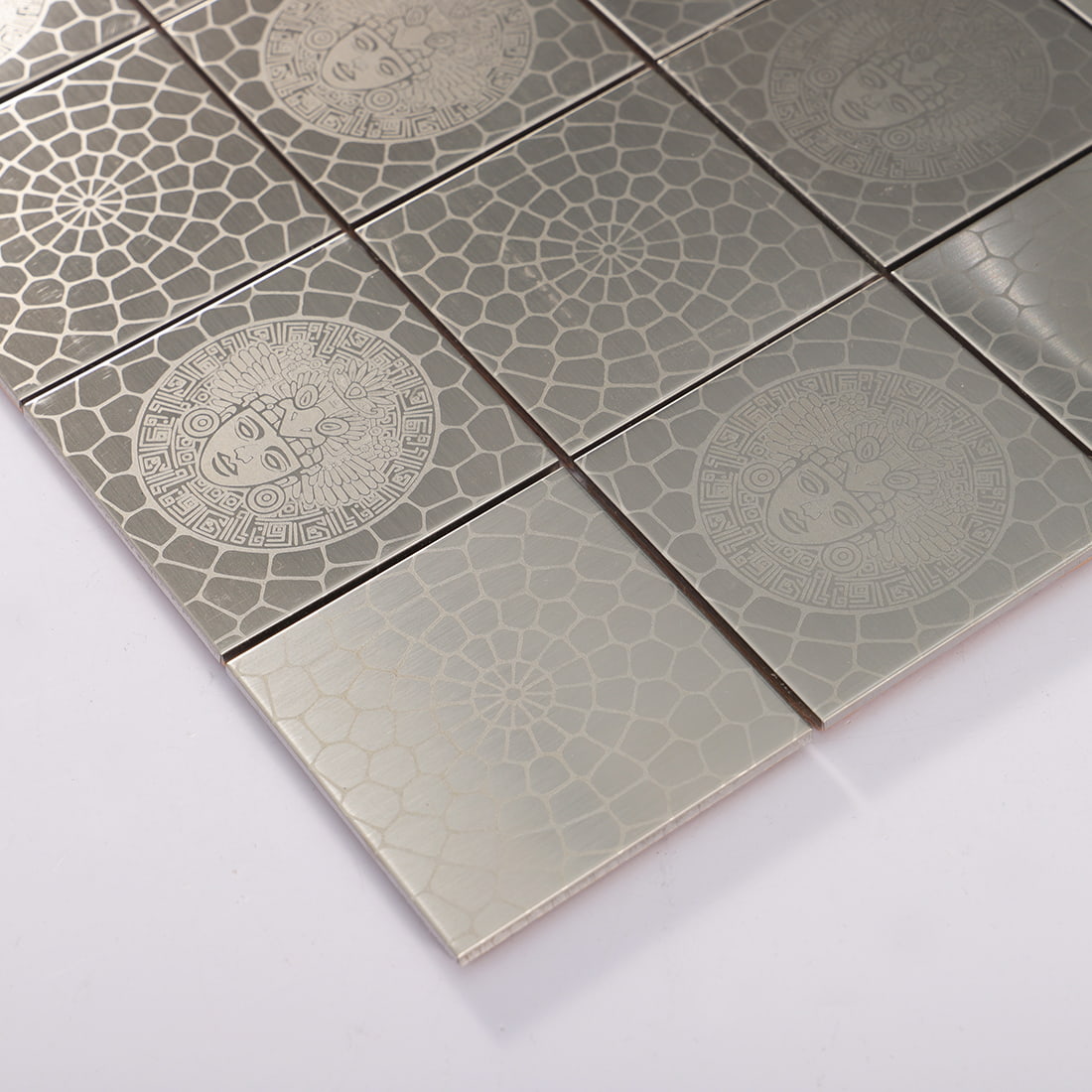 Close up of silver stainless steel square mosaic tile pattern