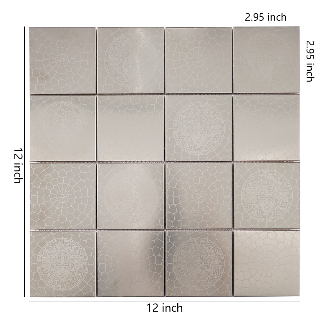 Silver stainless steel square mosaic tile sheet with size details
