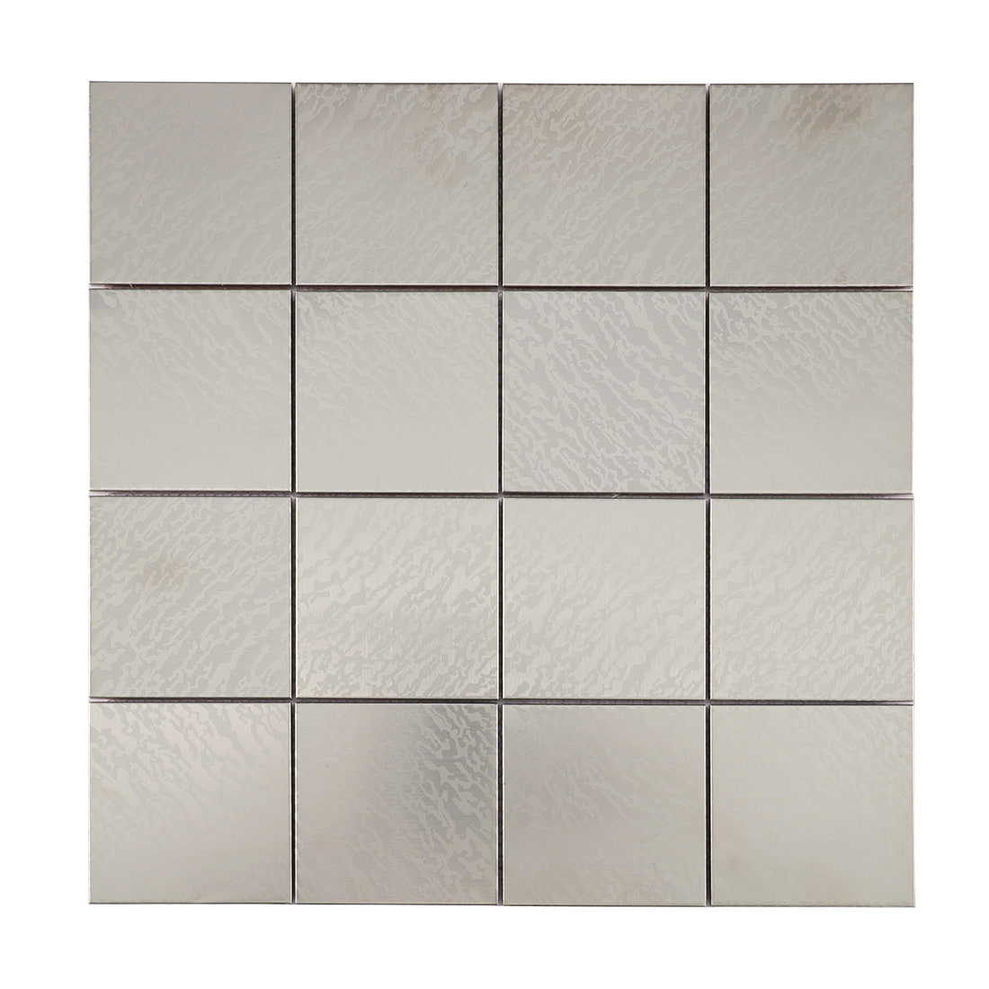 Full sheet of silver brushed steel square mosaic with wave pattern