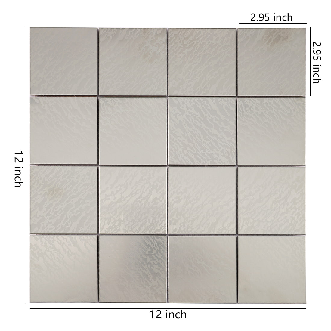 Silver stainless steel square water ripple tile sheet with size details