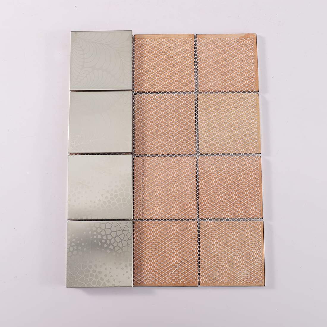 Back mesh view of silver stainless steel square patterned tile sheet