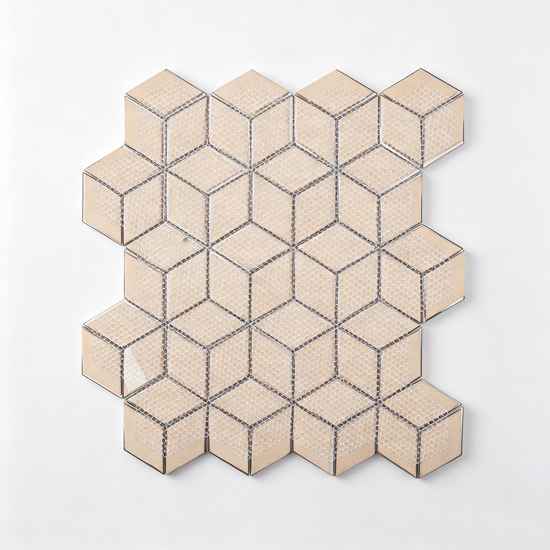 Mesh mounted backing of silver teal cube aluminum mosaic tile for easy installation