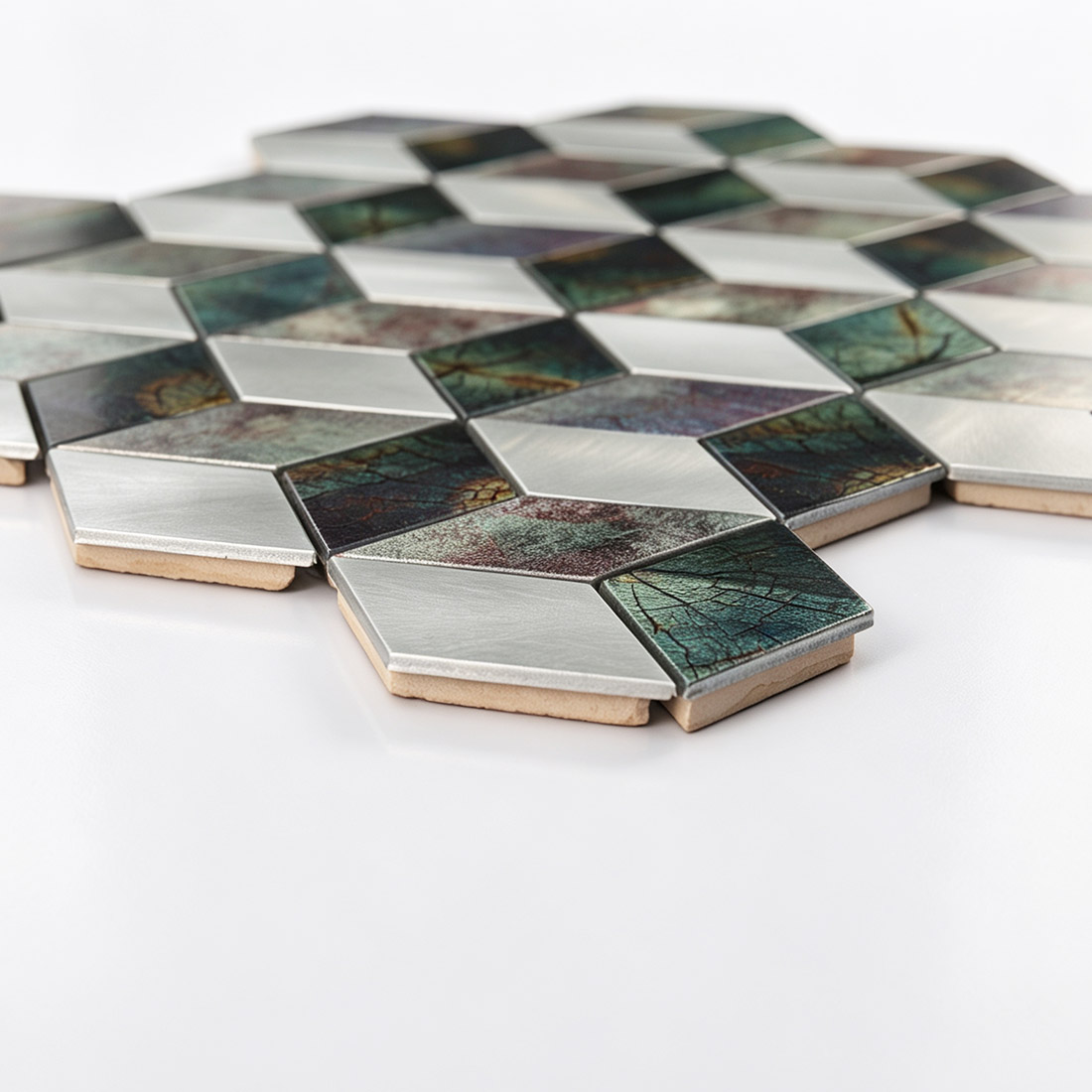 Side view of silver and teal cube aluminum mosaic tiles showing the ceramic base