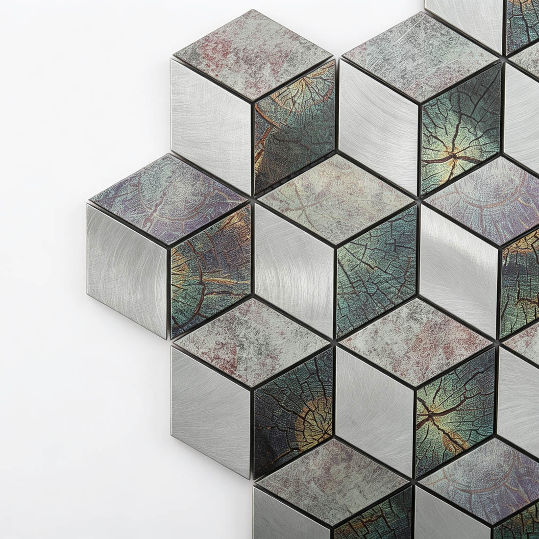 Close-up of silver teal and gray aluminum cube mosaic tiles with leaf patterns