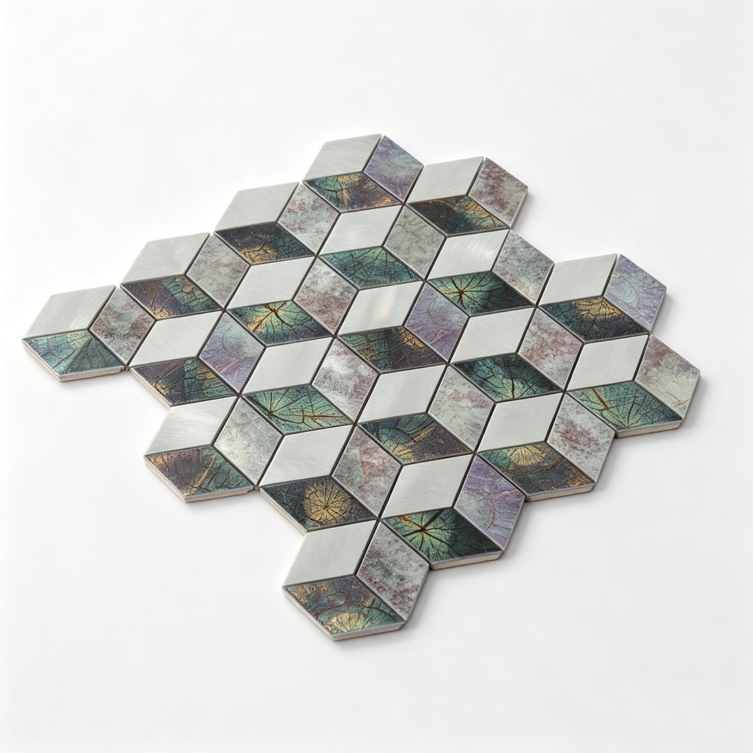 Perspective view of silver teal leaf pattern aluminum mosaic tiles in a cube design