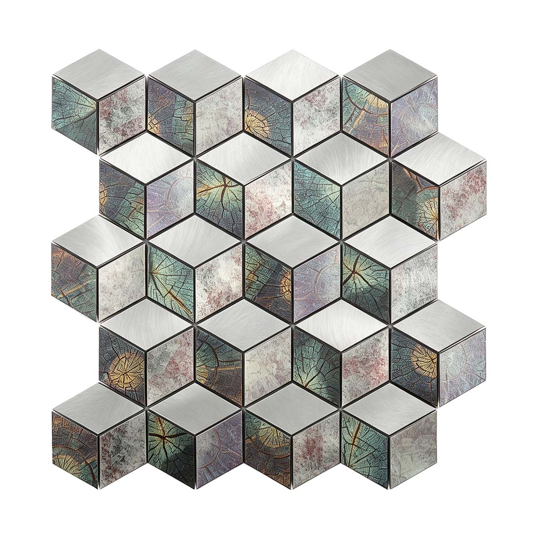 Silver and teal aluminum mosaic tile sheet with leaf patterns and a 3D cube design