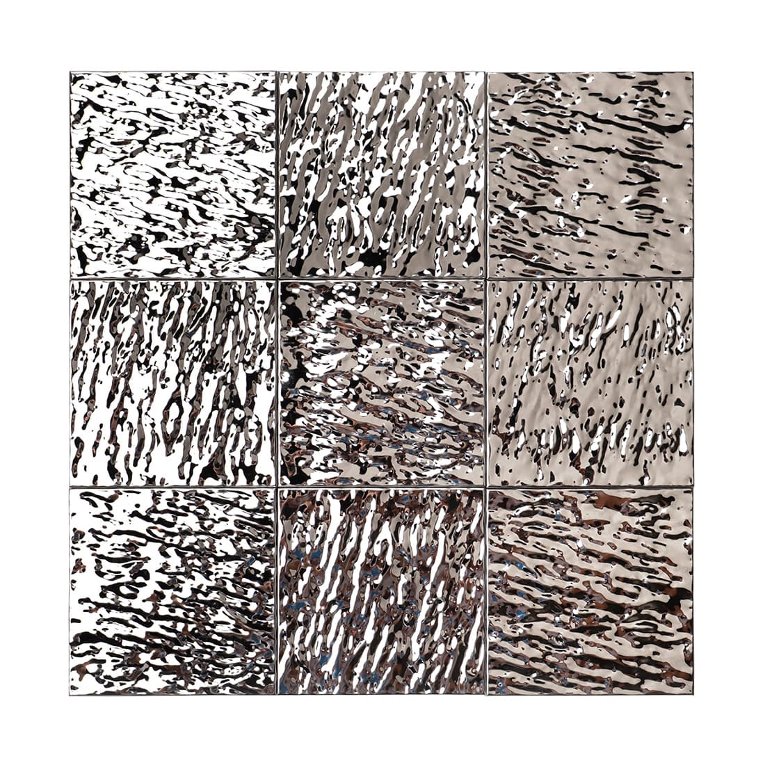 Full sheet of silver textured square metal mosaic tile