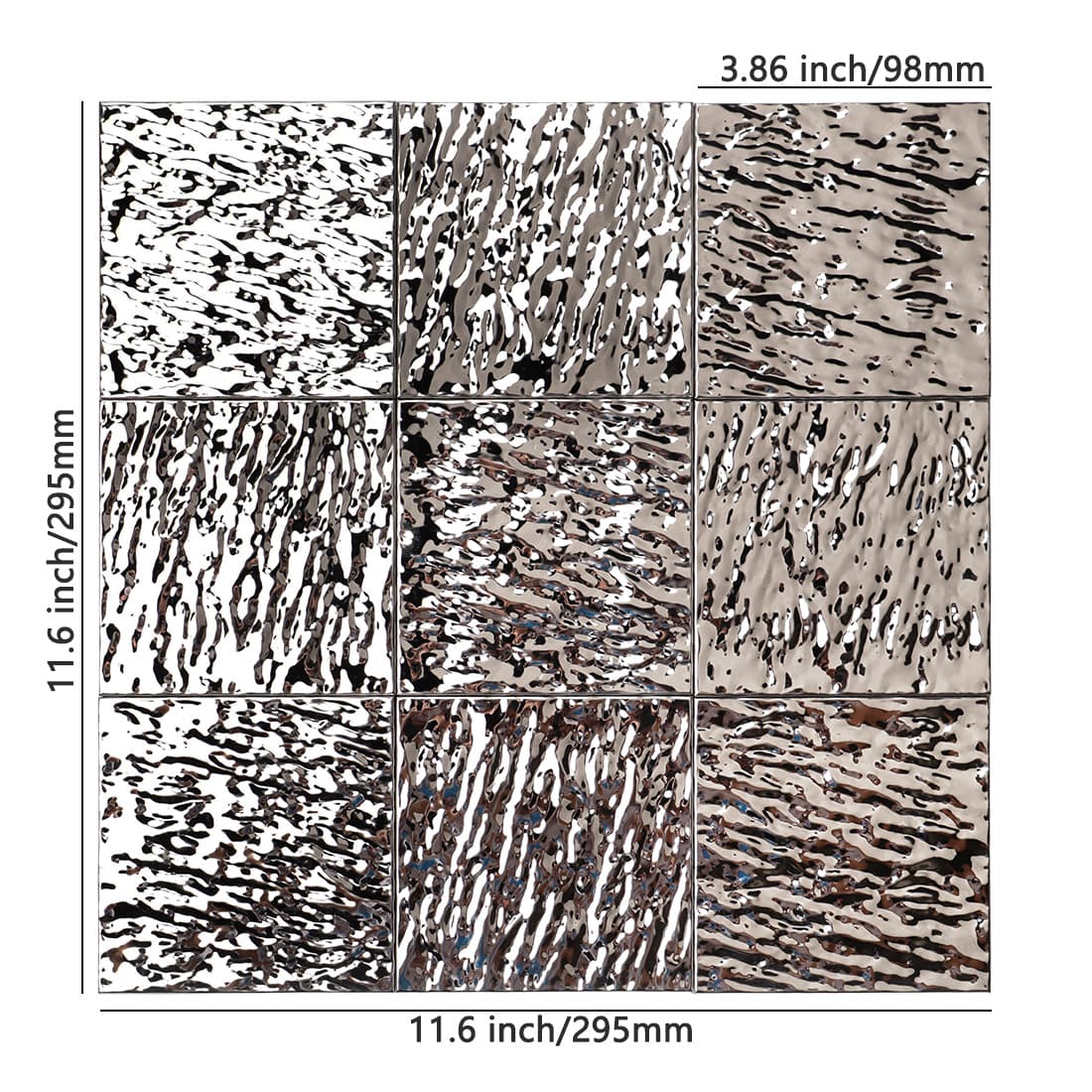 Silver textured square metal mosaic tile sheet with size details
