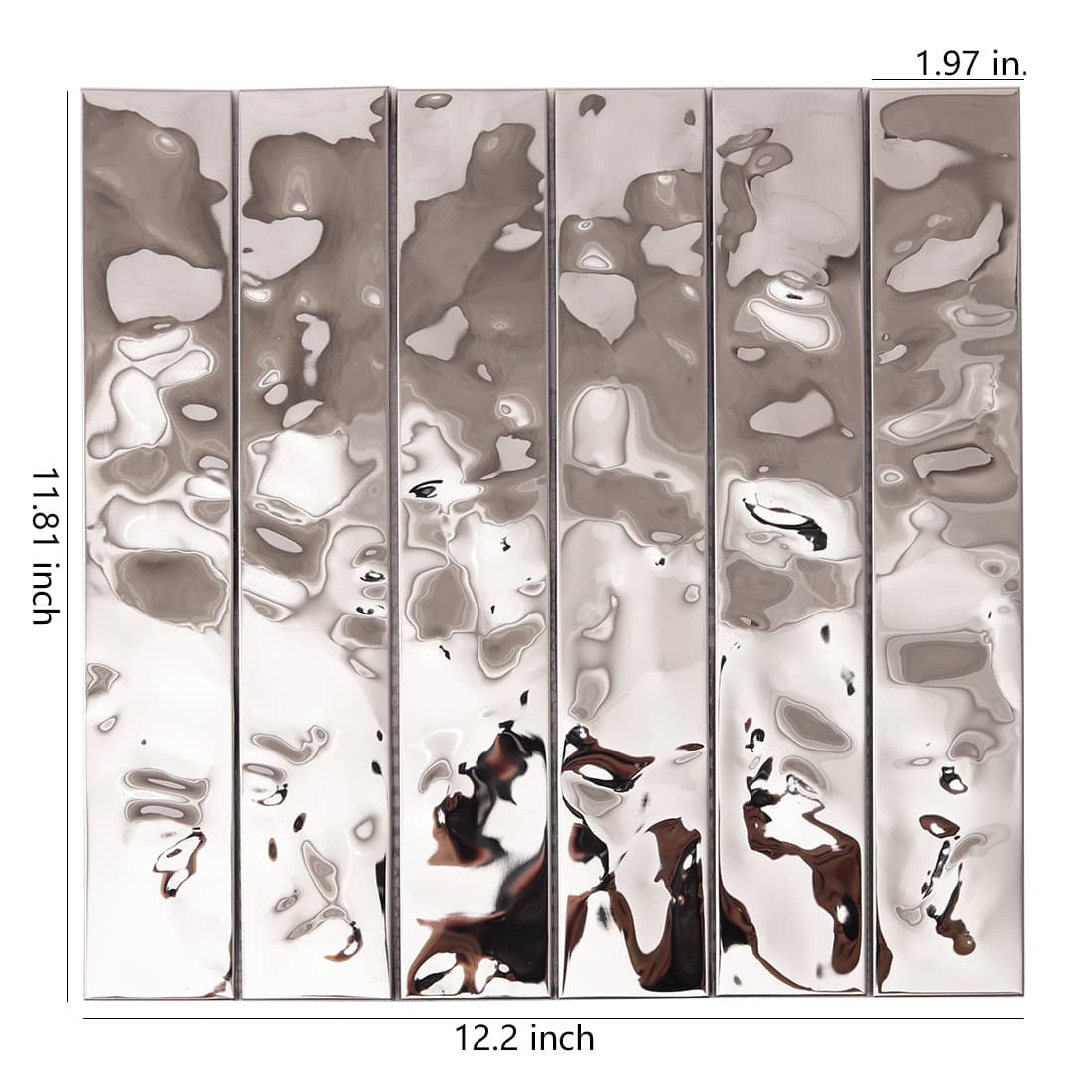 Front view of silver water ripple linear metal tile with dimensions.