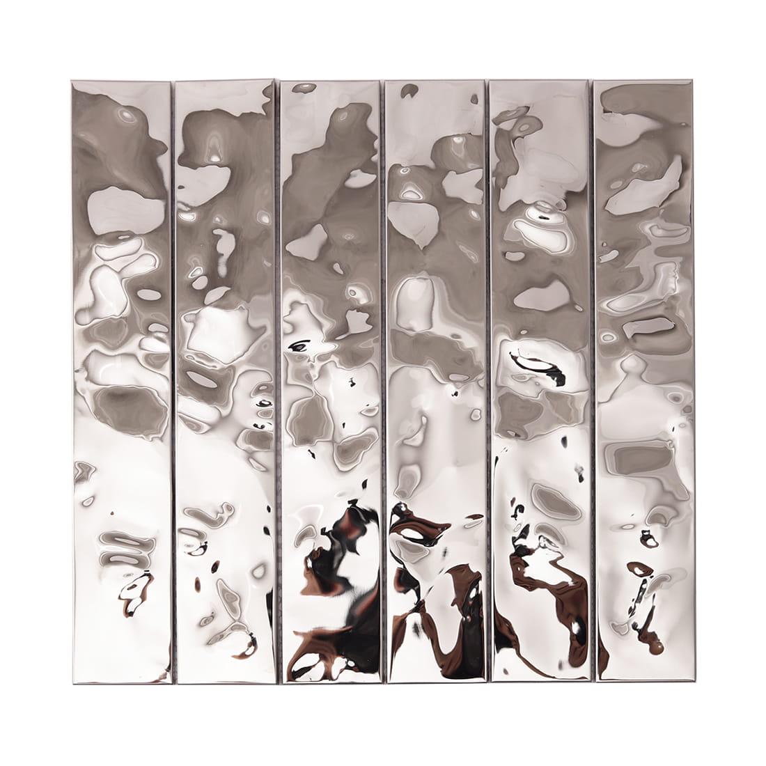 Square sheet of silver water ripple linear stainless steel mosaic tiles.