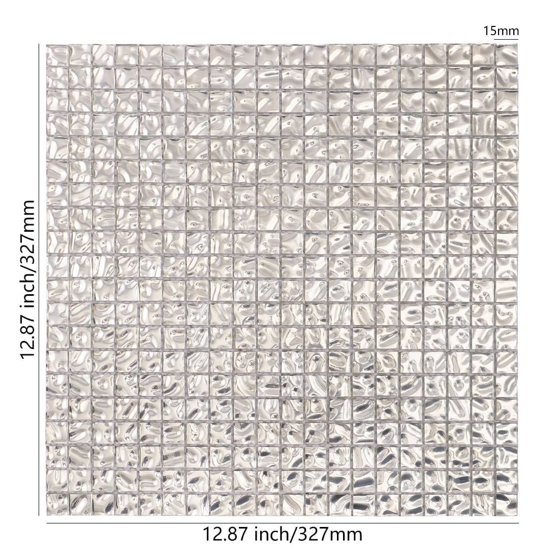 Silver wavy 15mm square glass mosaic tile sheet with size details