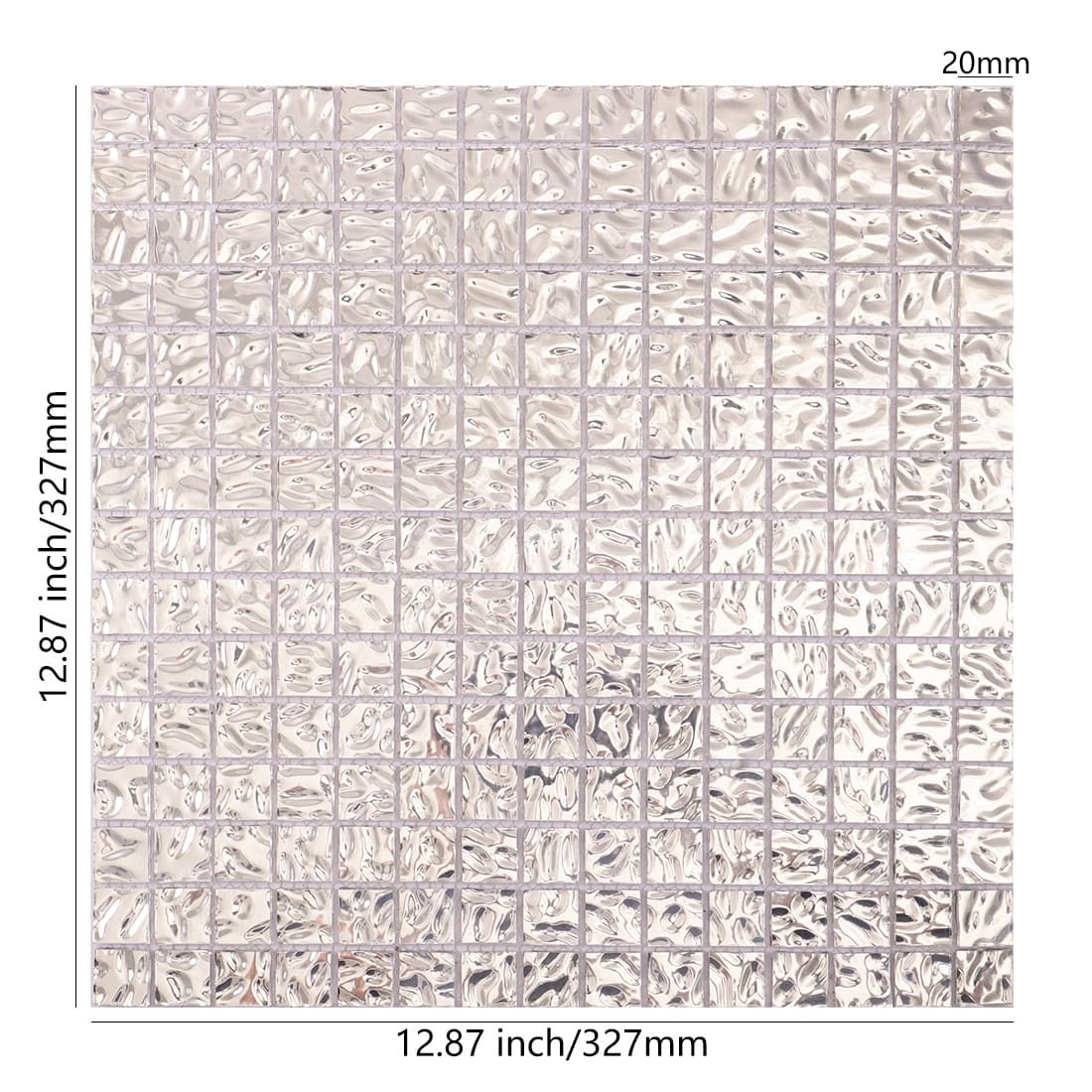 Silver wavy 20mm square glass mosaic tile sheet with size details