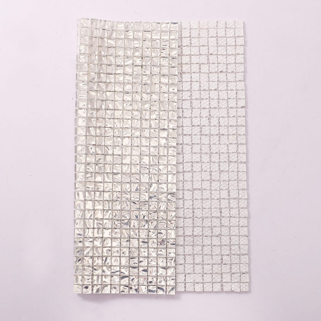 Silver wavy square glass mosaic tile with front and mesh backing