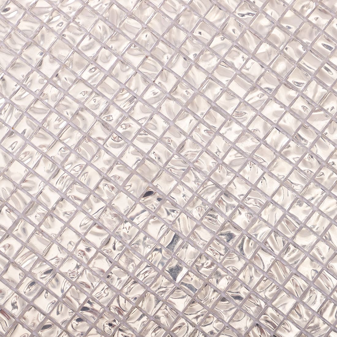 Close-up of silver wavy square glass mosaic tile surface
