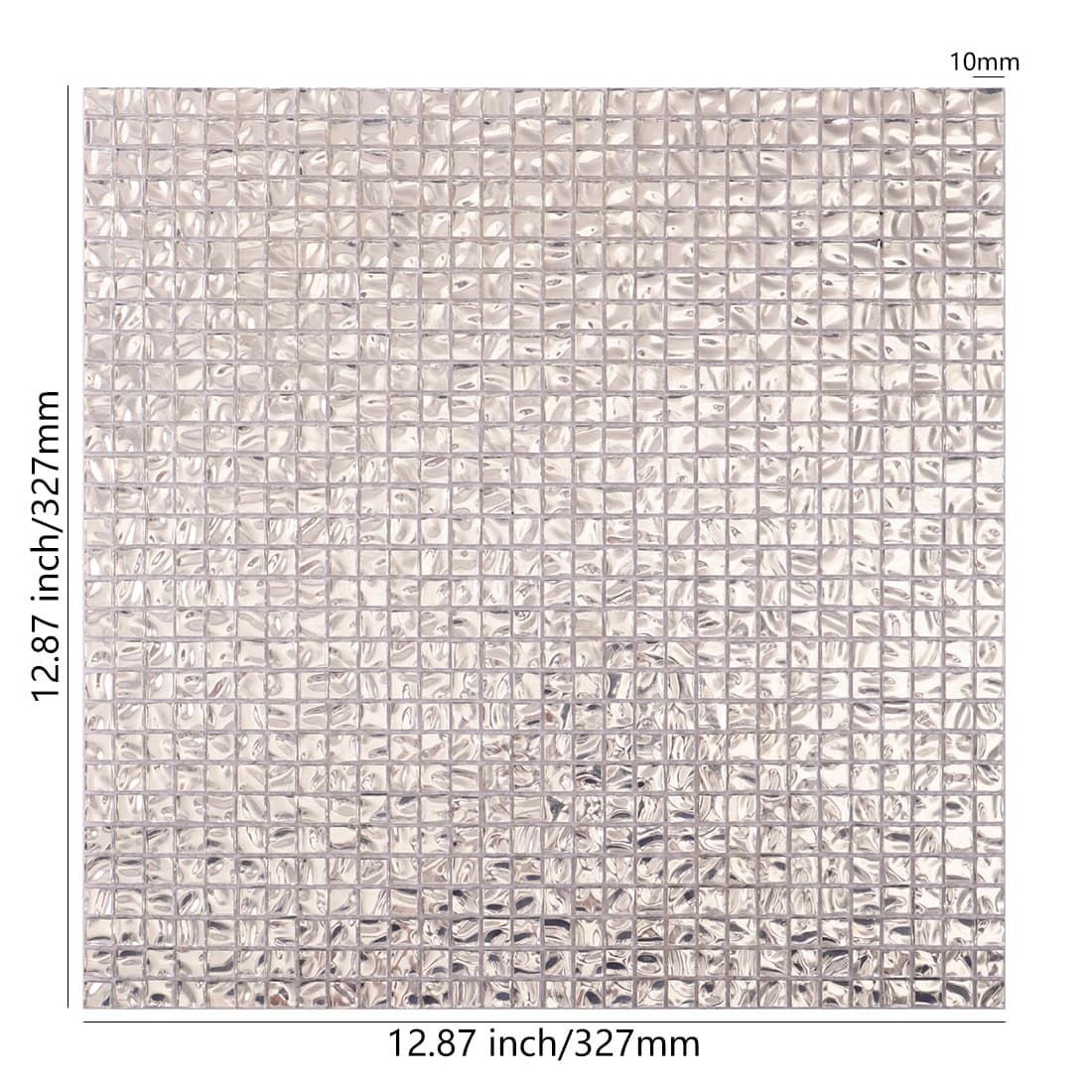 Silver wavy square glass mosaic tile sheet with size details