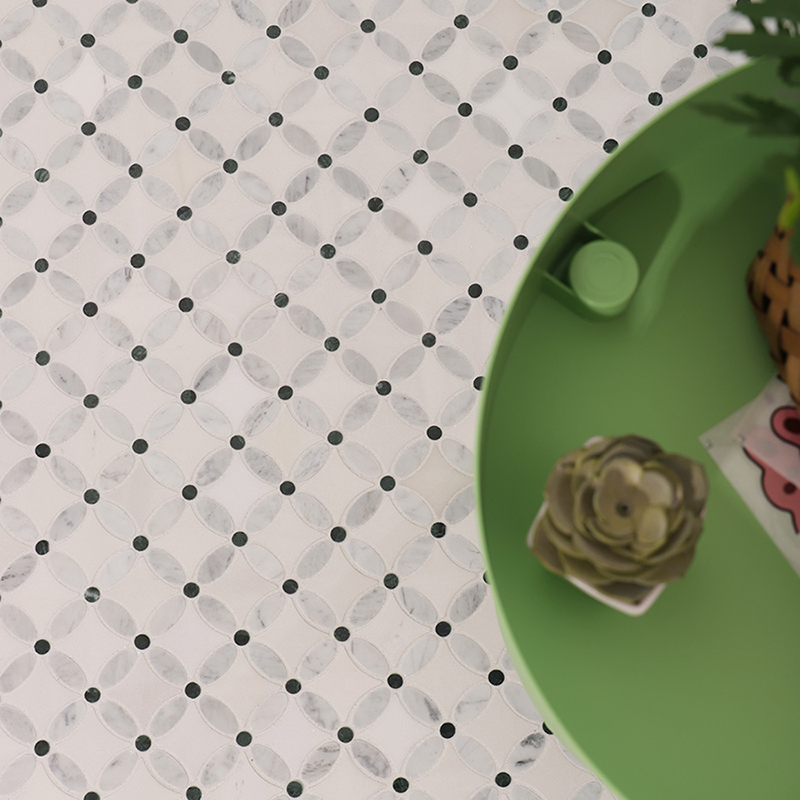 Small marble tiles white interlocking oval mosaic with black dot details
