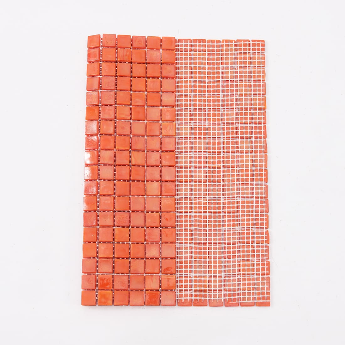 Back mesh view of soft coral orange square glass mosaic tile