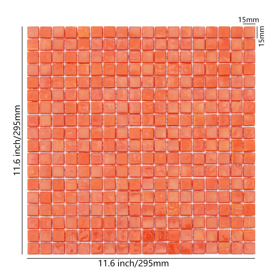 Soft coral orange square glass mosaic sheet with dimension markings