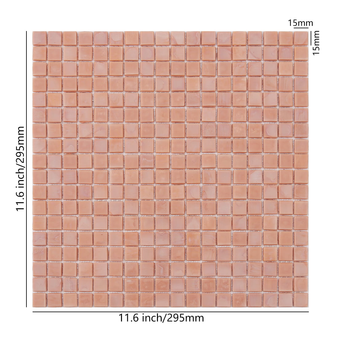 Soft pink square glass mosaic tile sheet with size details