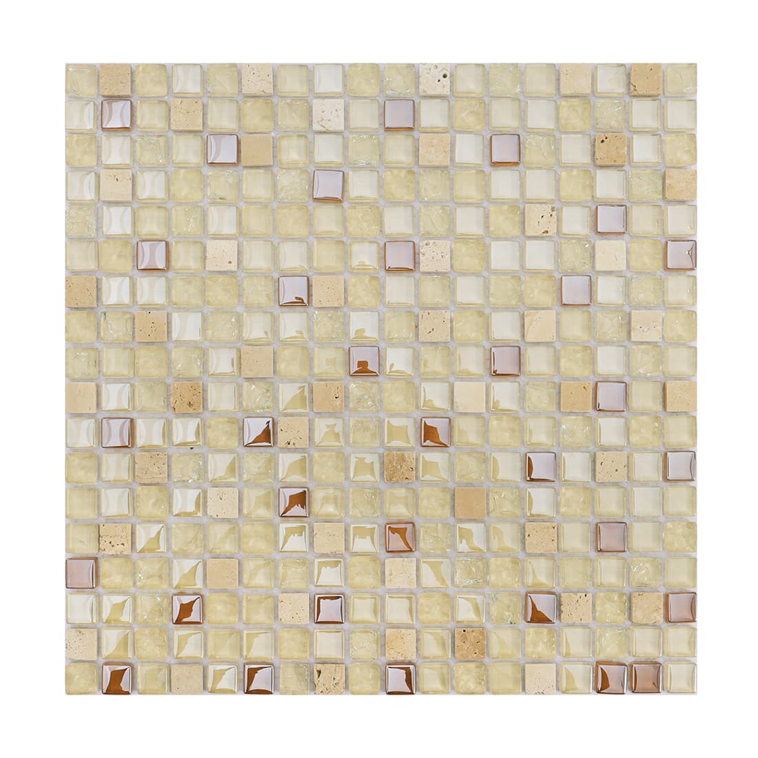 Square sheet of beige glass and stone blend mosaic tile.