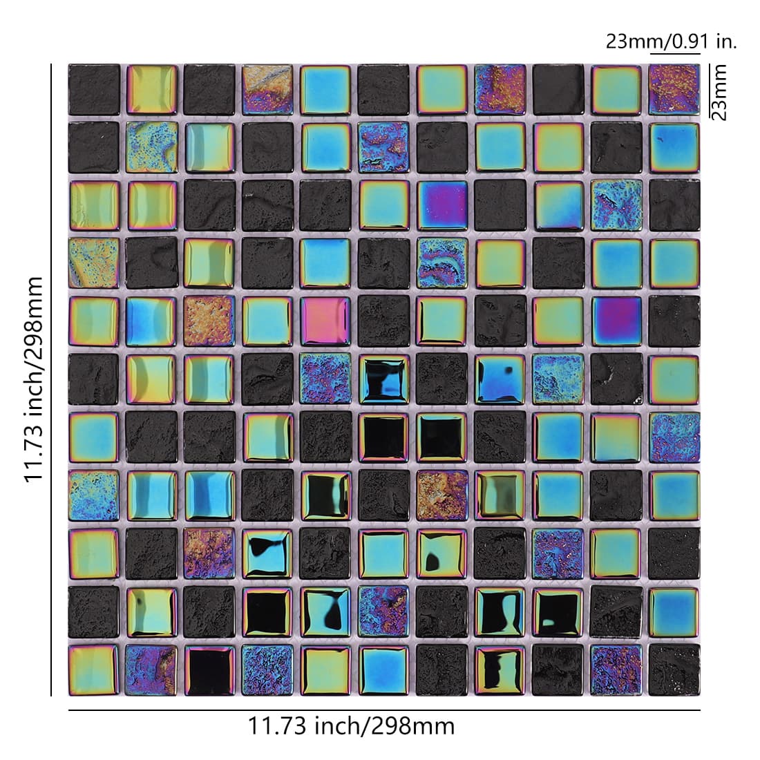 Square black and iridescent glass stone mosaic tile sheet with dimensions.