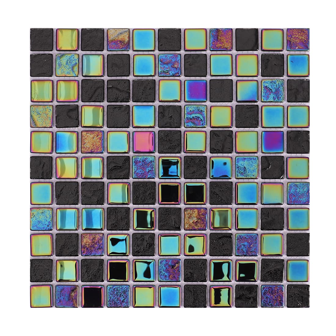 Full sheet of square black and iridescent glass stone mosaic tiles.