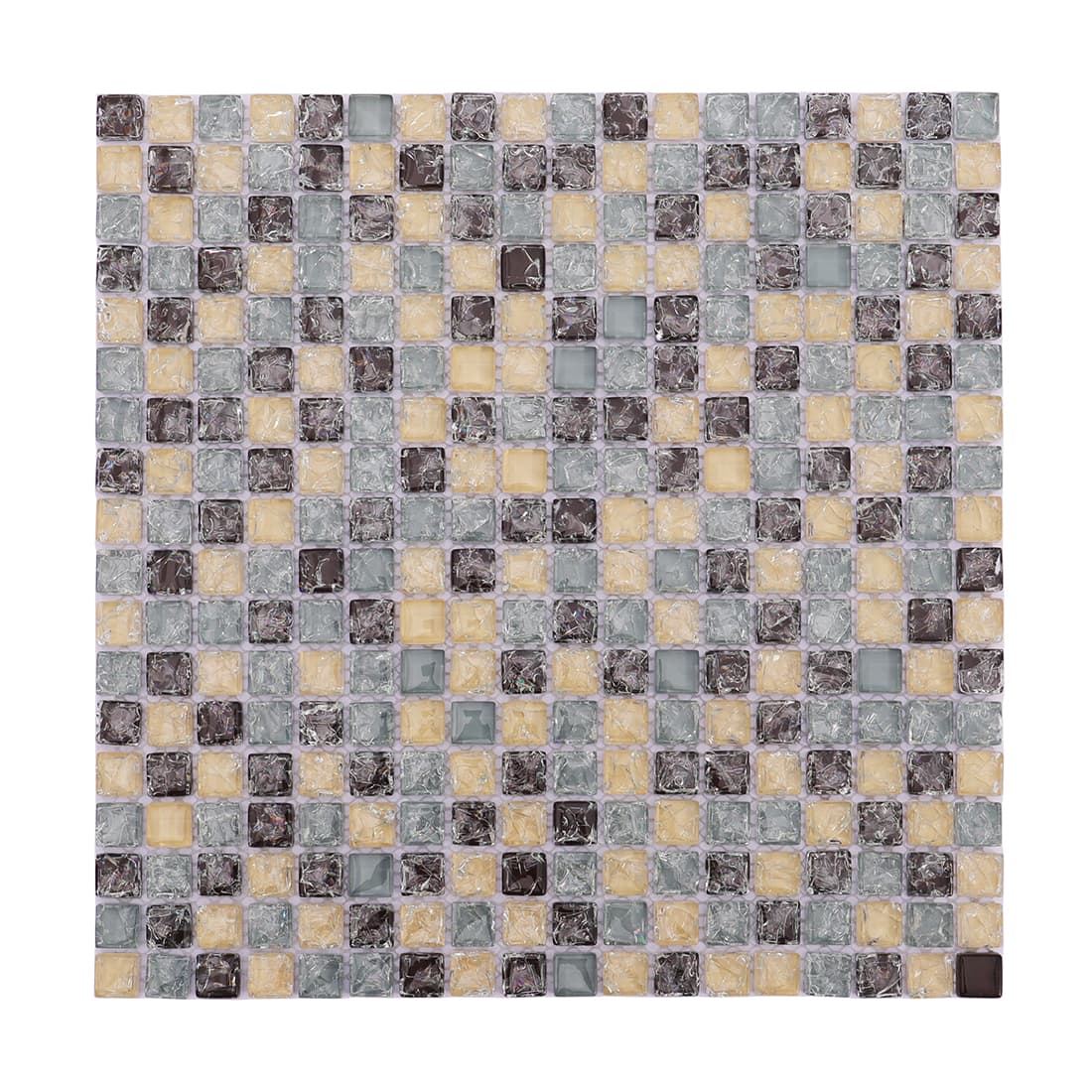Square sheet of beige, brown, and grey crackle glass mosaic tile.