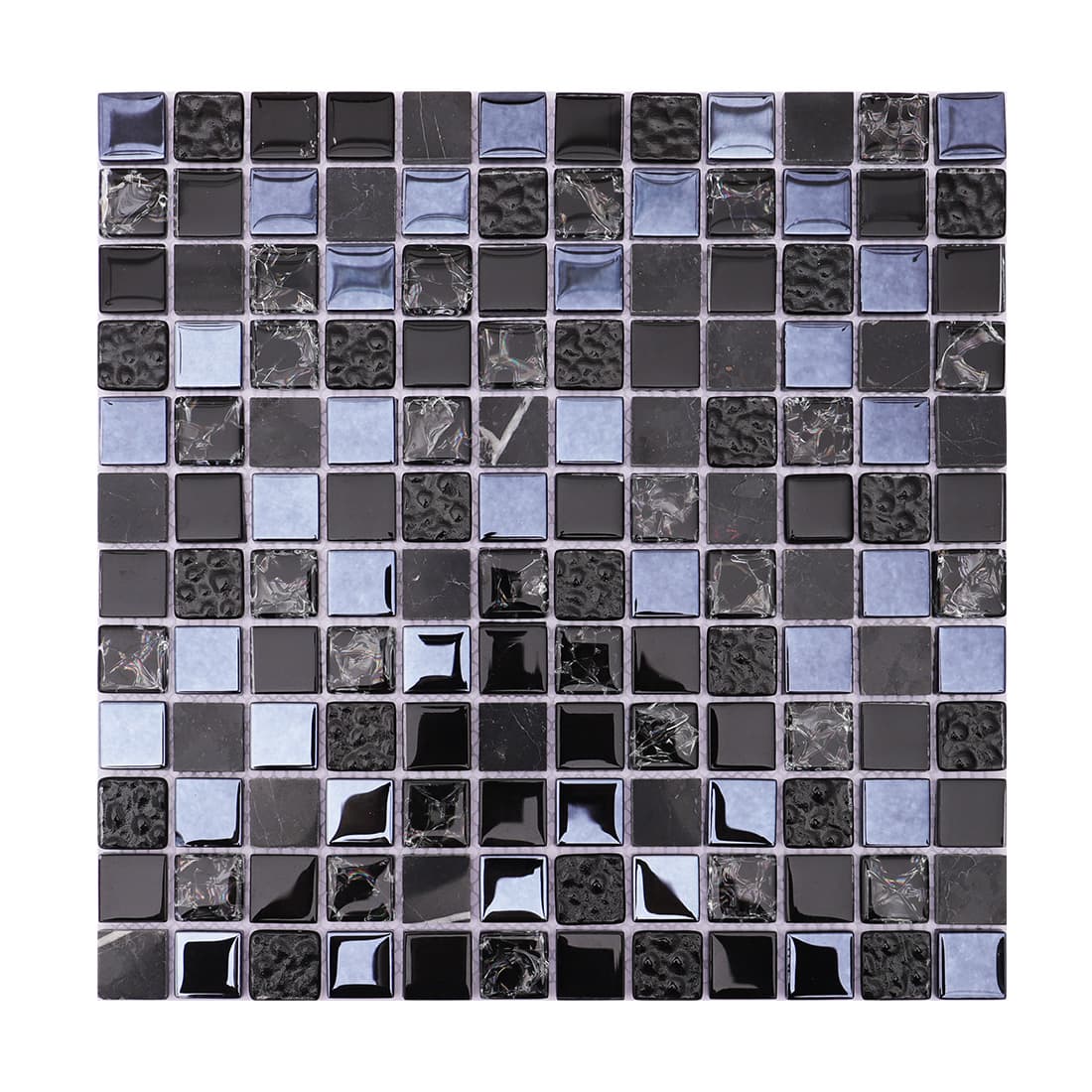 Square sheet of mixed glossy black glass and matte stone mosaic tiles.