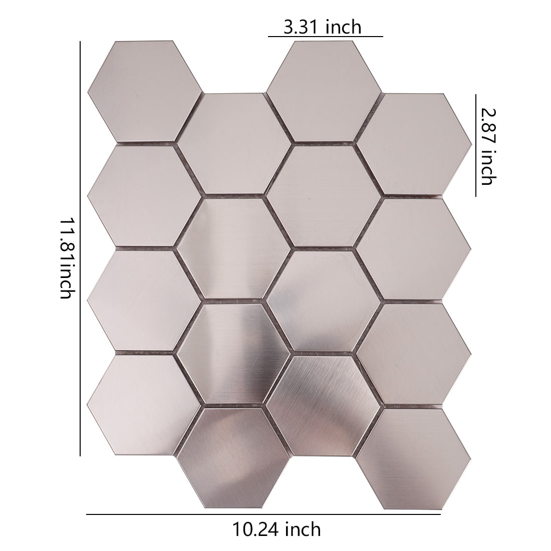 A sheet of silver hexagonal mosaic tiles with height and width dimensions labeled in inches.