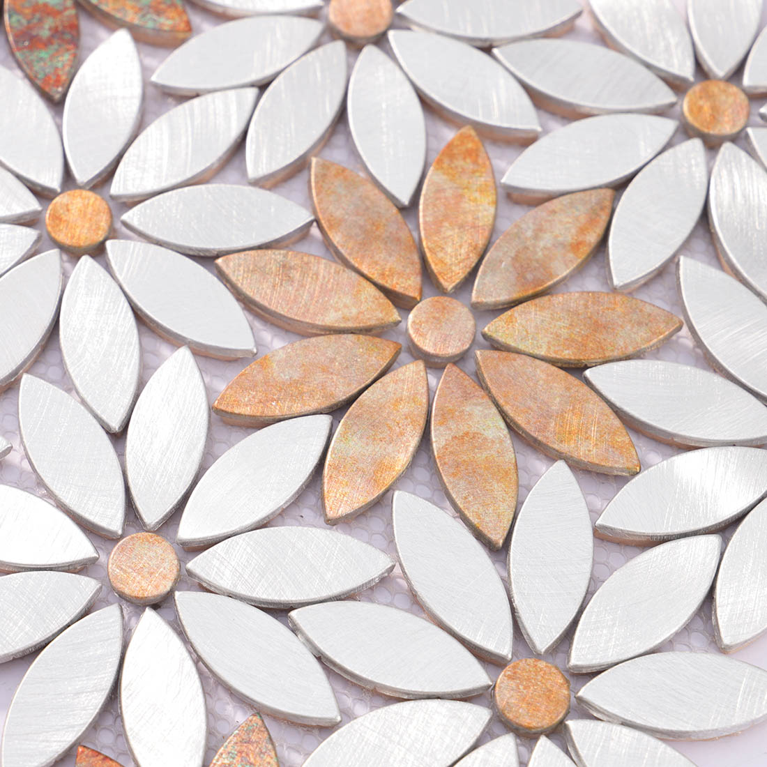 High angle view of sunflower shape aluminum mosaic tile surface texture