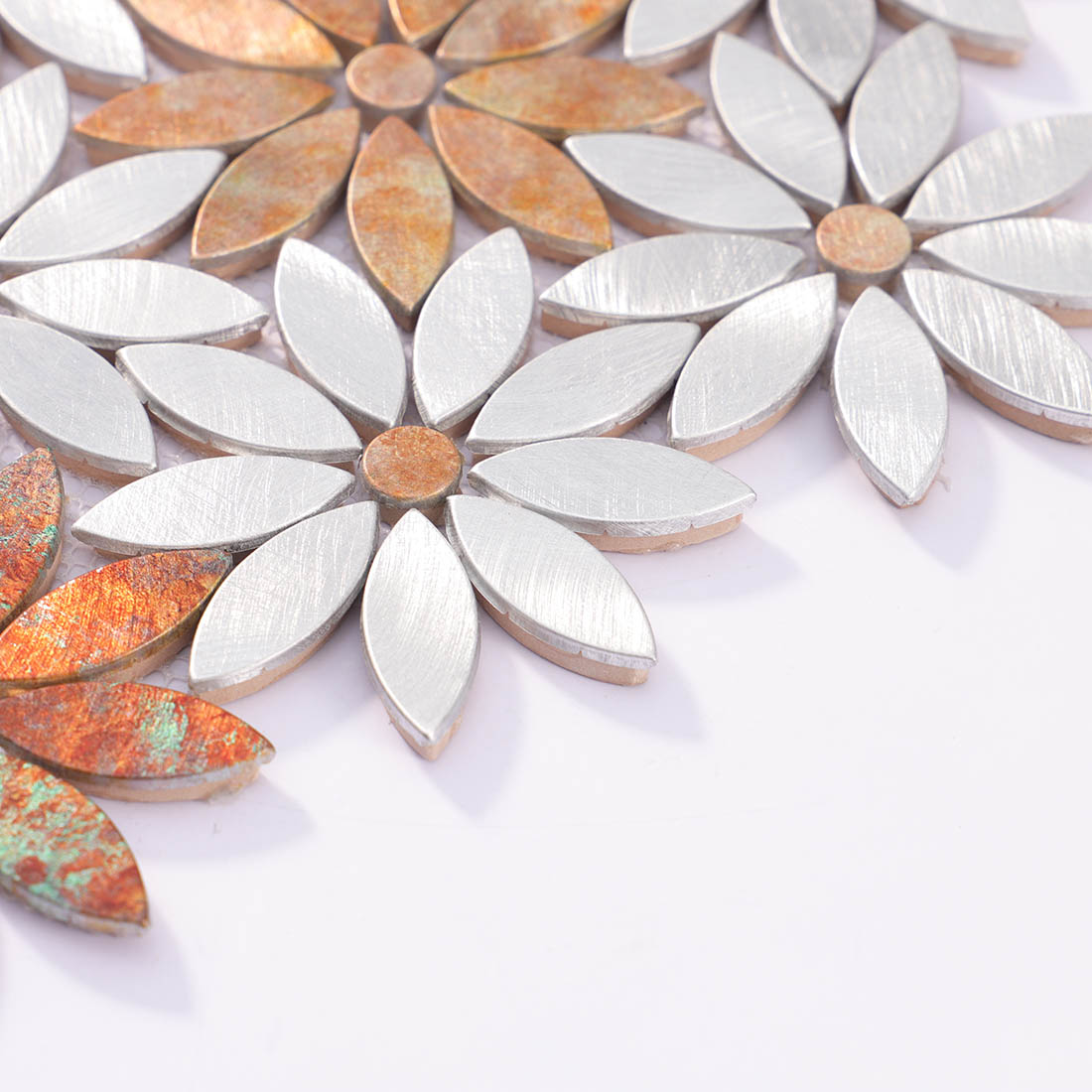 Angle shot of sunflower shape aluminum mosaic tile showing edge