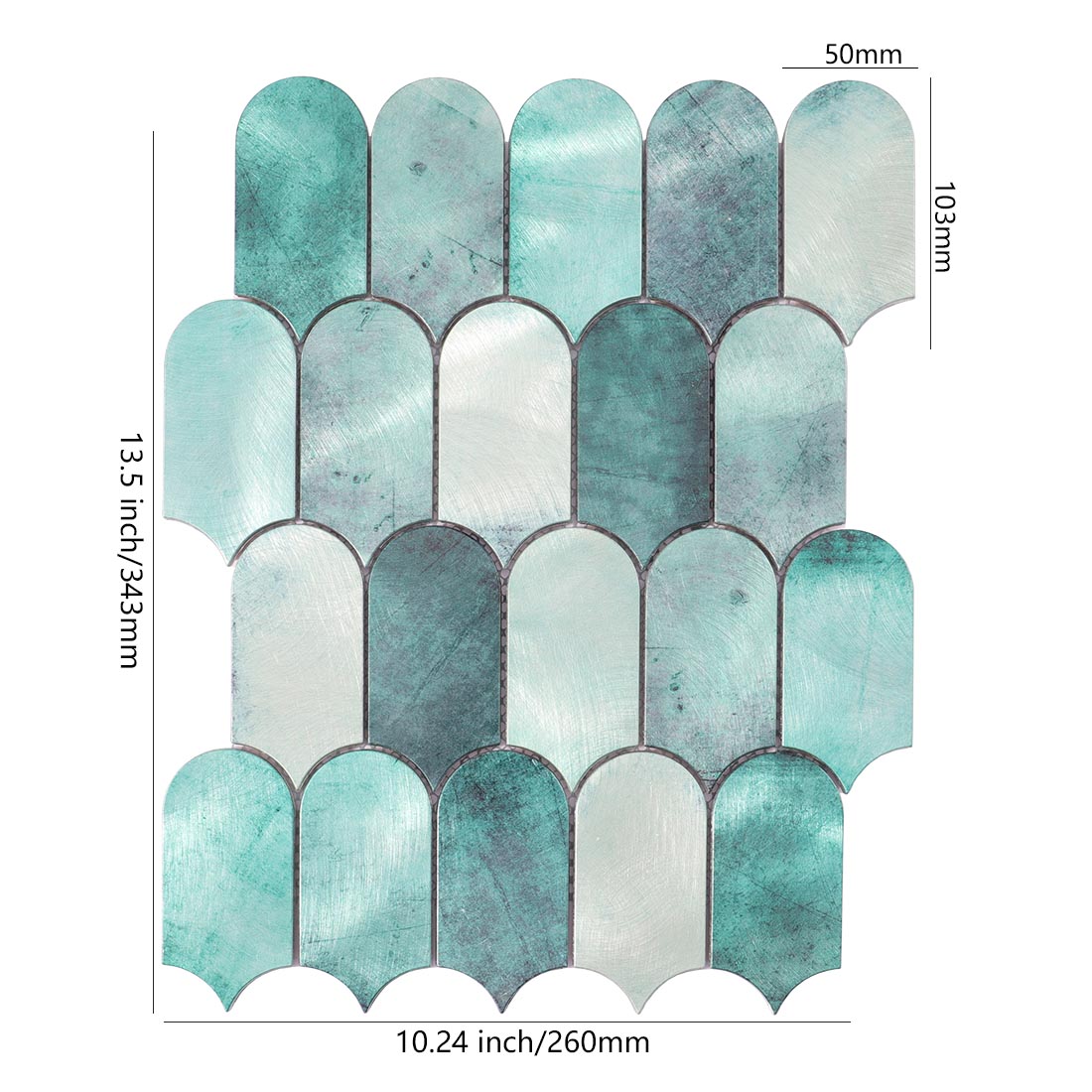 Teal green arched fish scale aluminum mosaic tile sheet dimensions