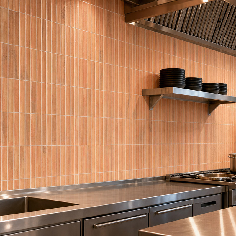 Close view of terracotta linear wall tiles behind commercial kitchen counters
