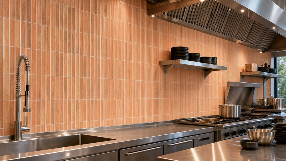 Terracotta vertical tile backsplash in a stainless steel commercial kitchen