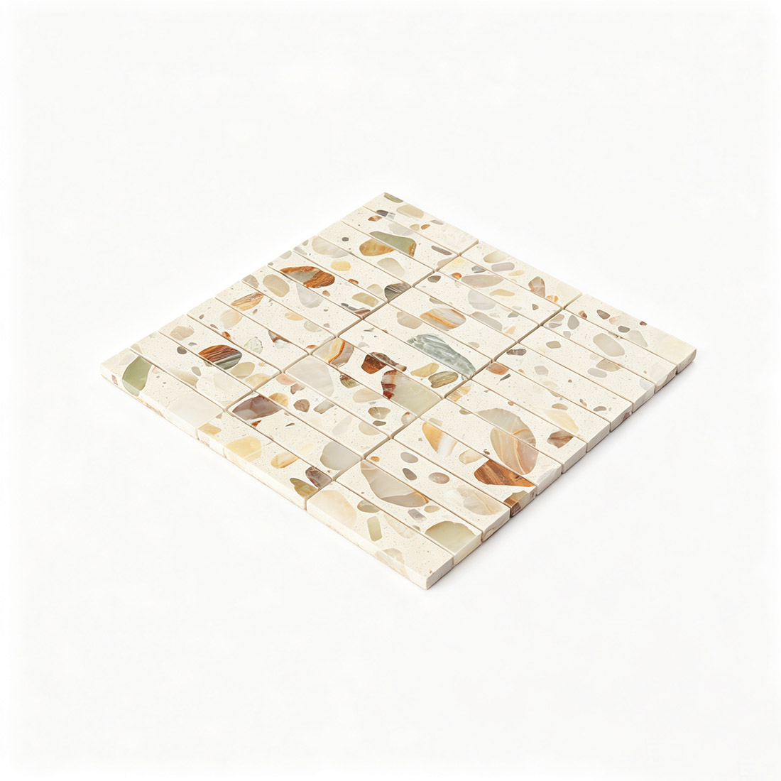 Angled perspective of high-end terrazzo and stone mosaic decorative tile.