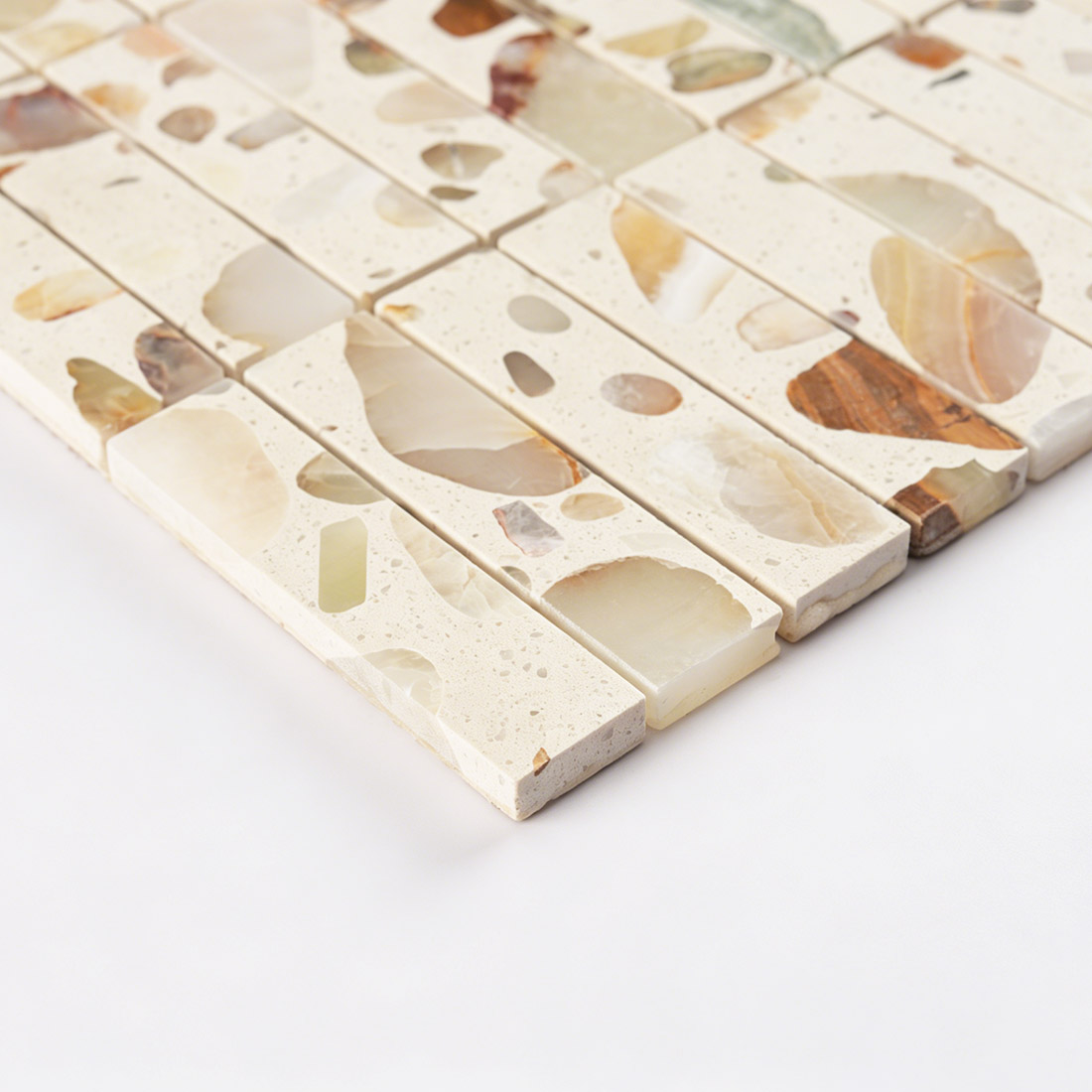Angled perspective of high-end terrazzo and stone mosaic decorative tile.
