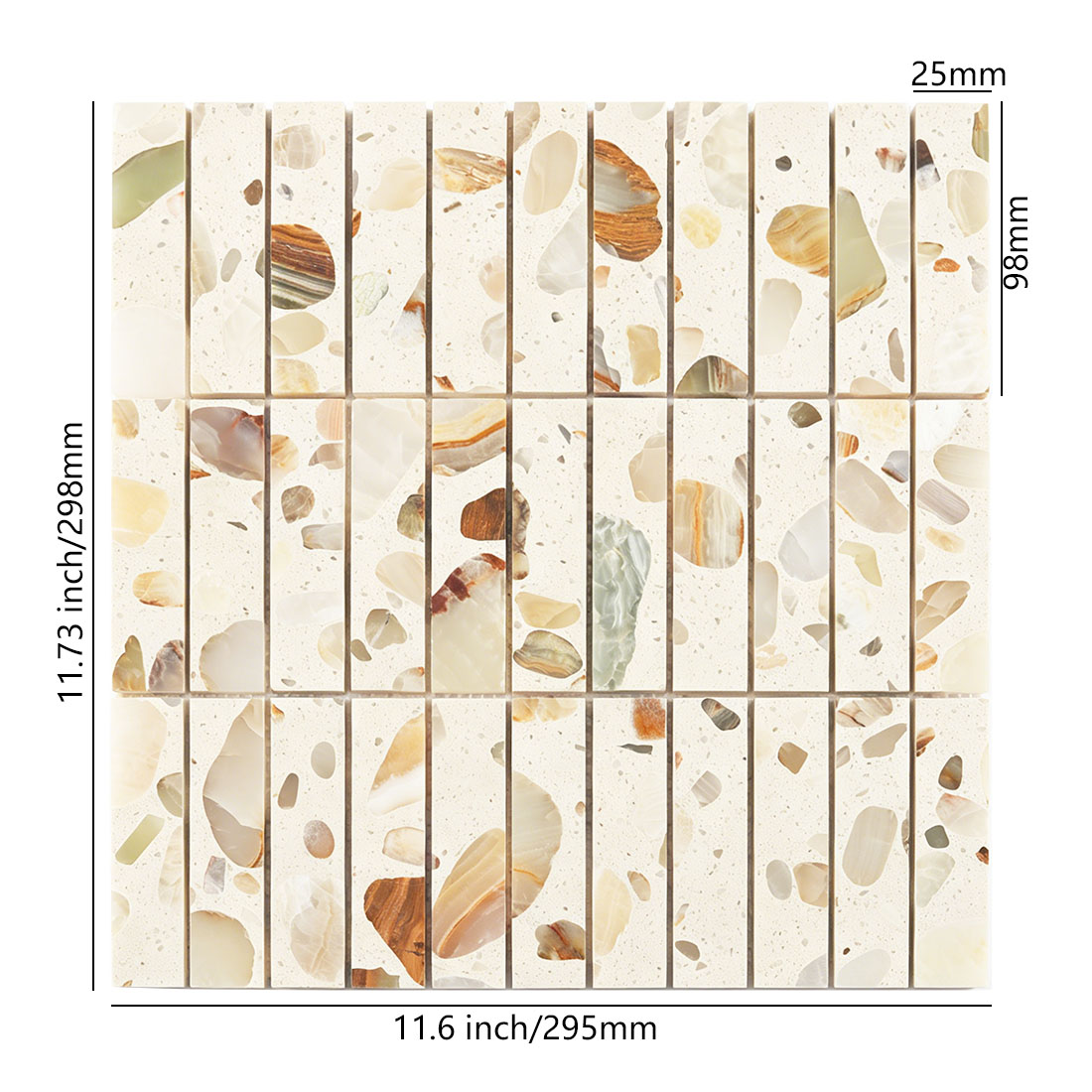 Technical dimensions of cream-toned terrazzo and stone composite mosaic tile.
