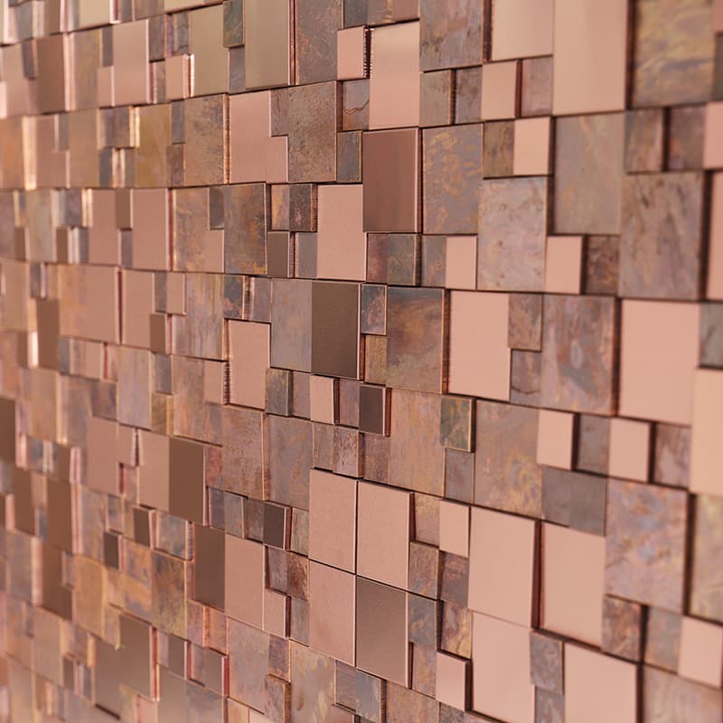 Textured 3D copper and rose gold metal square tiles for luxury wall cladding.