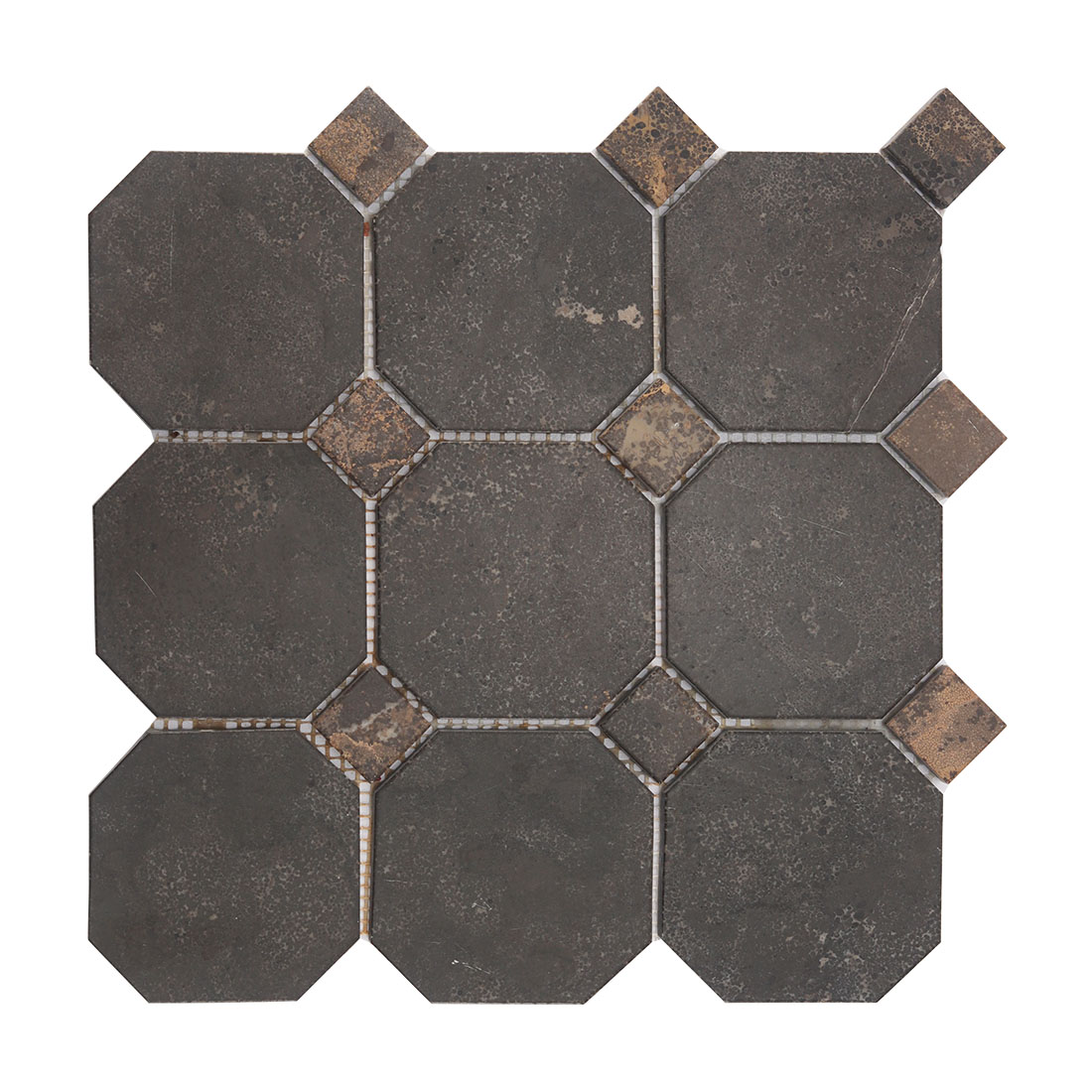 Top view of a square octagon dark brown stone mosaic tile sheet with rustic dots.